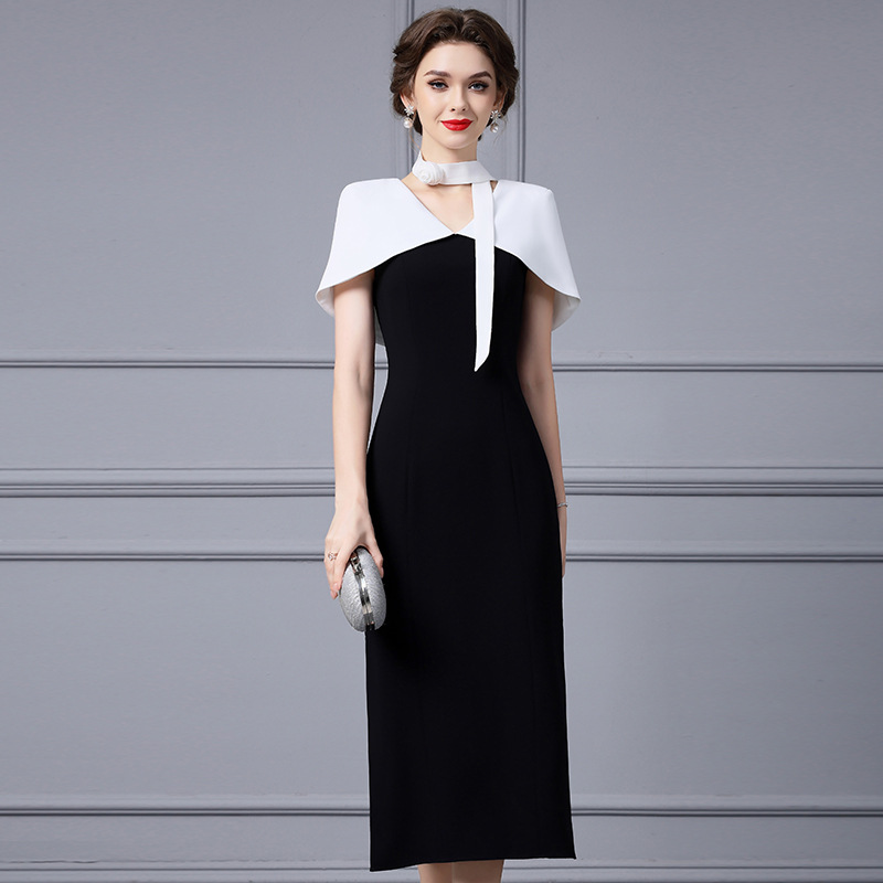 OC 120M68 Women's Casual Dresses Short Sleeved Commuting Dress Autumn Black and White Patchwork Flower High Waist Skirt