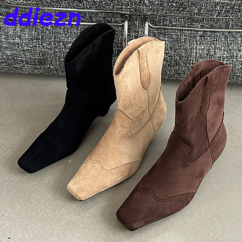 New Footwear Western Short Booties With Heels For Women Fashion Designer Slip On Shoes Ladies Ankle Boots