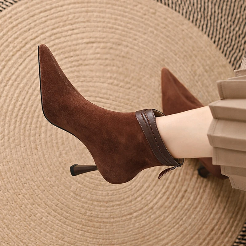 2024 NEW Autumn Women Boots Sheep Suede Leather Shoes for Women Pointed Toe Ankle Boots High Heel Shoes Winter Modern Boots