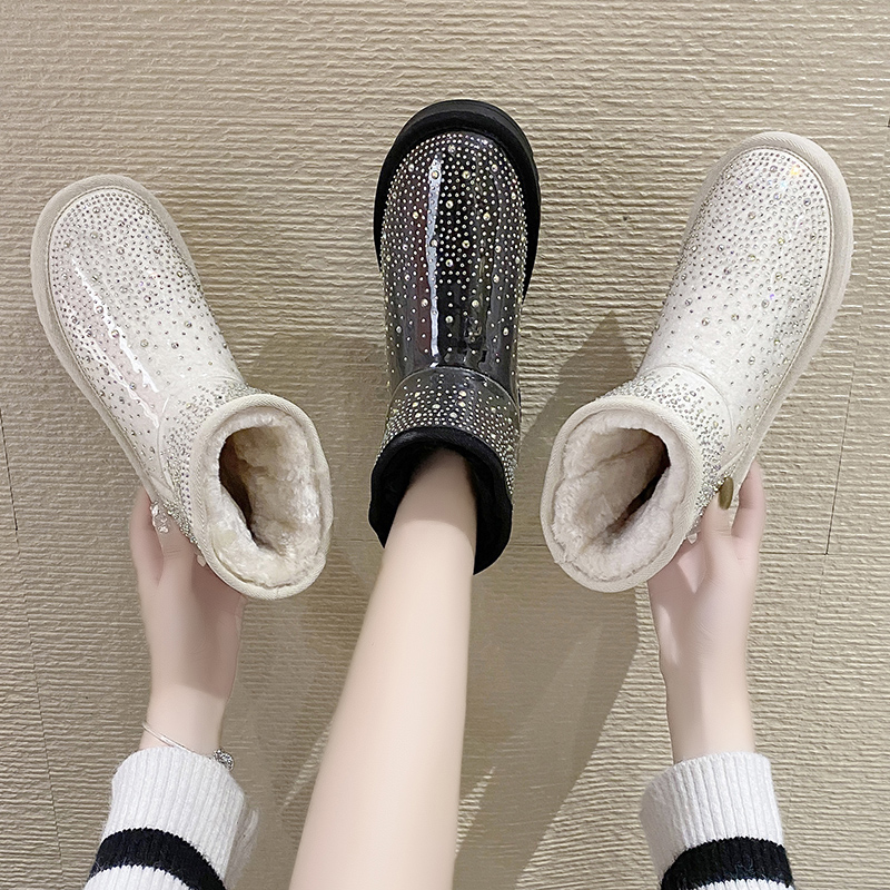 Flat Heel Women's Rubber Boots Winter Footwear Round Toe Crystal Female Shoes Plush Boots-Women Australia Rain 2022 Med Rhinesto