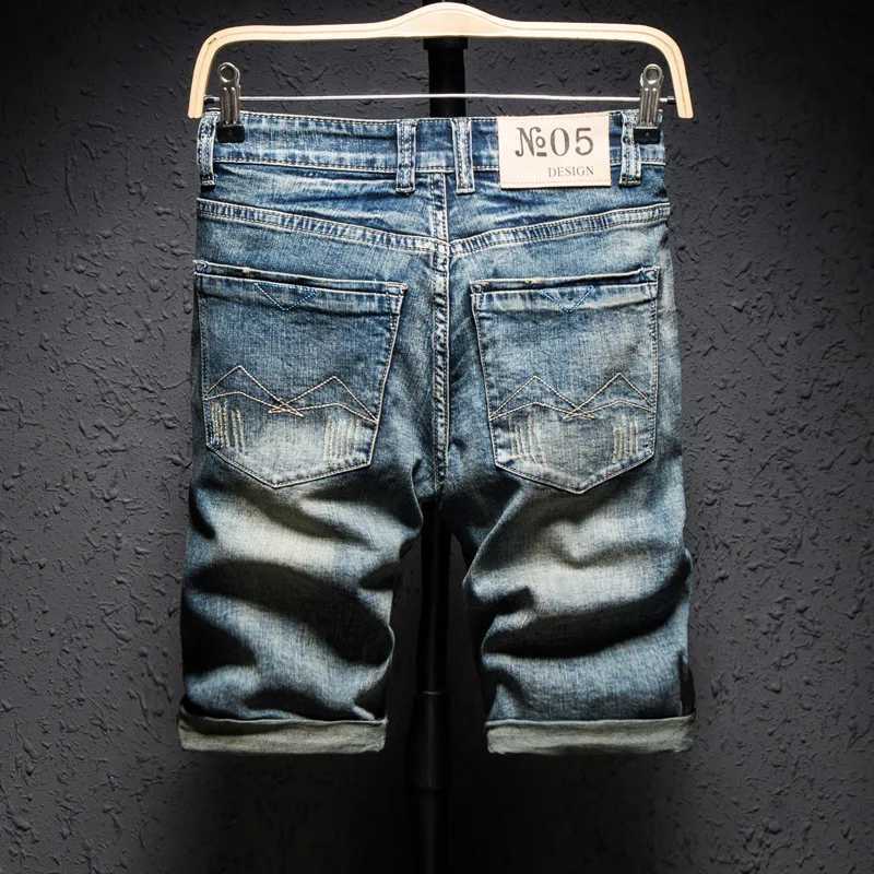 Classic Retro Distressed Mens Letter Printed Jeans Shorts Knee Length Straight Slim Frayed Trend Punk Male Denim ShortsX240914