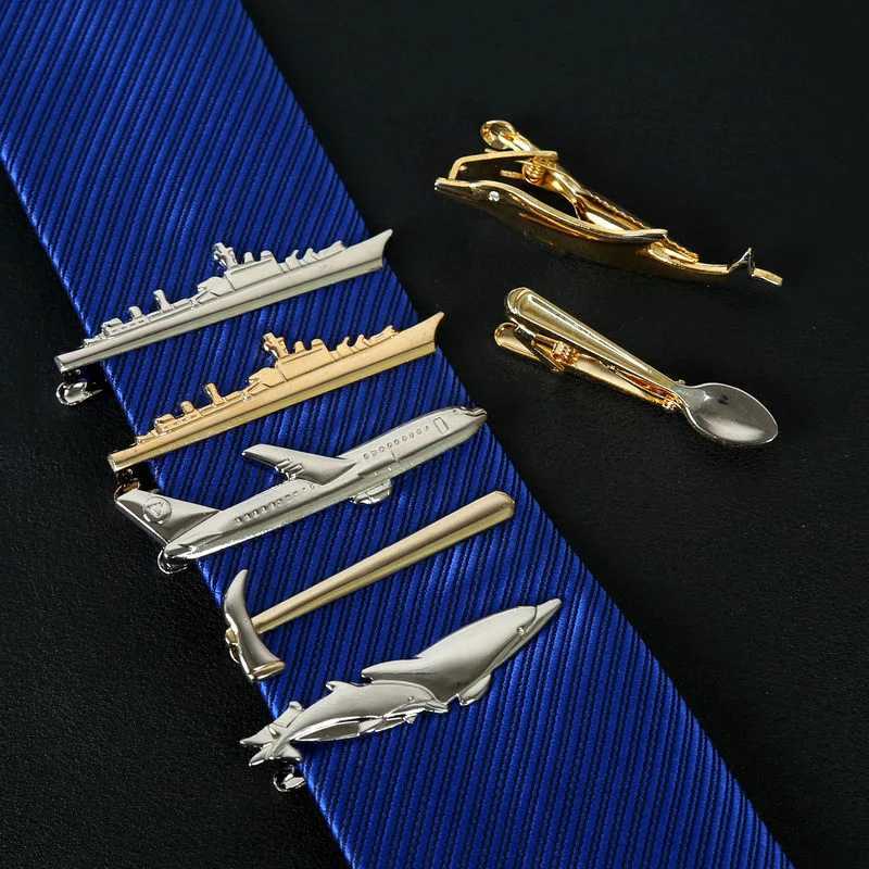 Men Alloy Metal Gold Color Tie Clips Dolphin Airplane Fork Spoon Shape Necktie Clips Wedding Party Jewelry Pin Business Man GiftX240914