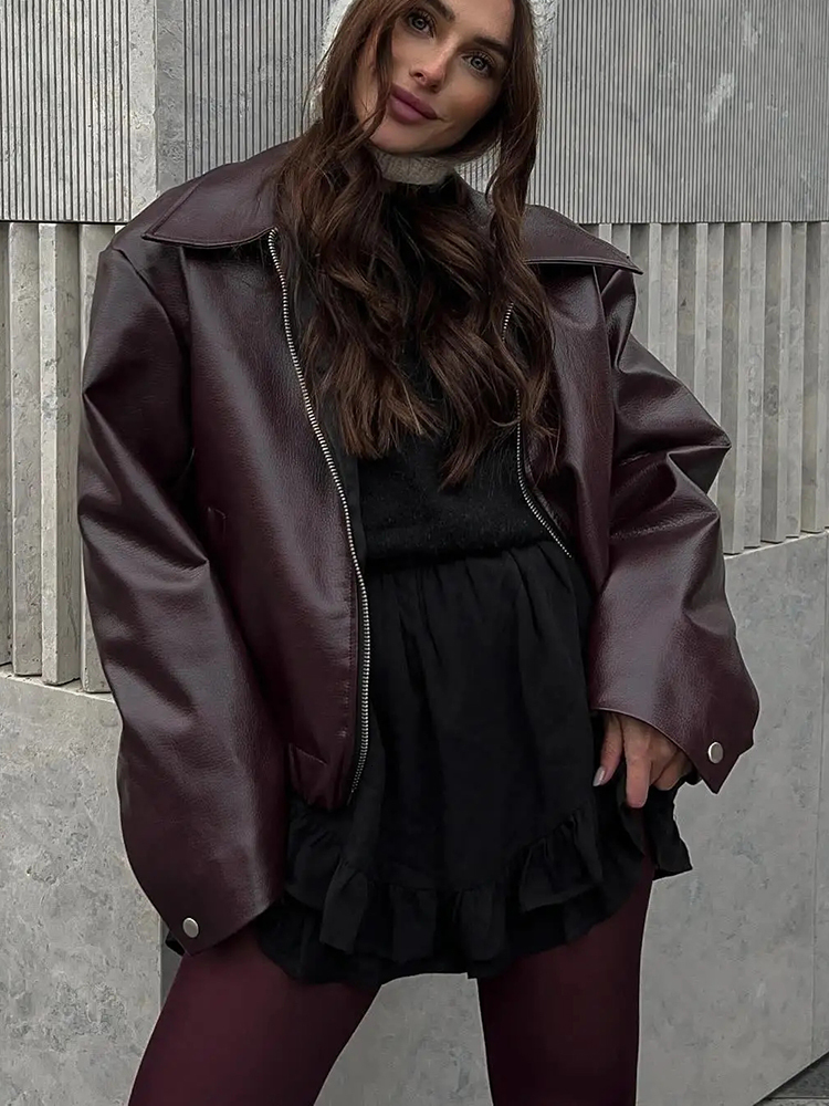 Aoaiiys Faux Leather Jackets For Women Zipper Coats Autumn Winter Turn-Down Collar Jacket New Warm Fashion Streetwear Outerwears