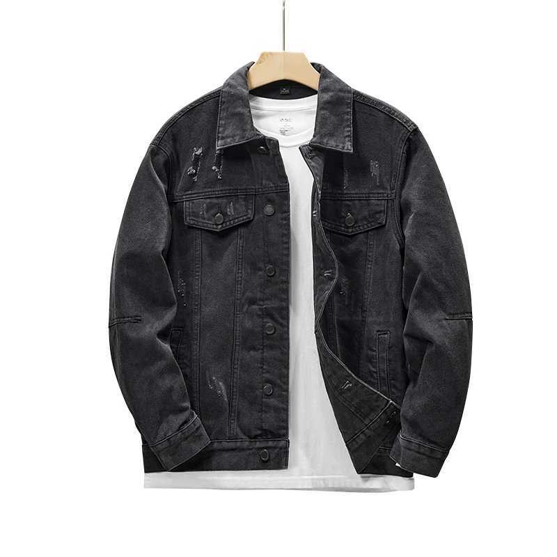 New black denim jacket for 2024 simple personalized design trend of holes mens jacket thin touch mens top W240914