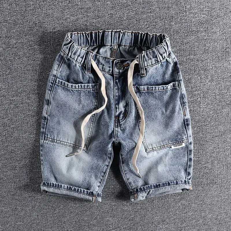 New Vintage Denim Shorts with Large Pockets Drawstring for Mens Summer Fashion Casual Knee-Length Cowboy Washed Jeans ShortsX240914