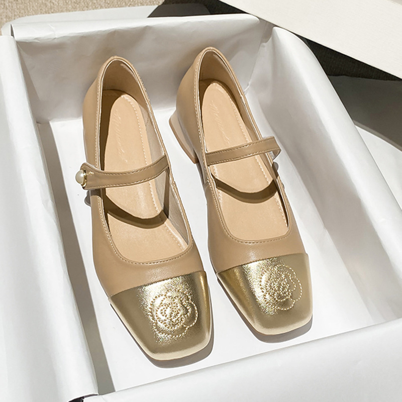 2024 Spring Colored Women's Mid Heel Flat Buckle Square Head French Single Shoes