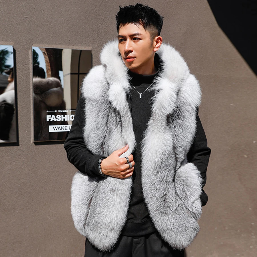 Mens Fox Fur Coat Warm Winter Fur Vest With Hood Real Fox Fur Jacket Fashion Selling 240905