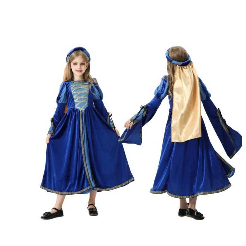 Childrens Vampire Costume Retro Palace Horror Witch Dress Medieval Renaissance Girls Halloween Role Playing Vampire Blue Dress Set W240914