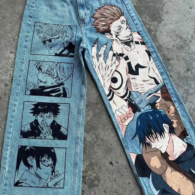Y2K baggy jeans Anime Harajuku print pattern Vintage Streetwear fashion Hip Hop men women high waisted Casual wide leg 240913