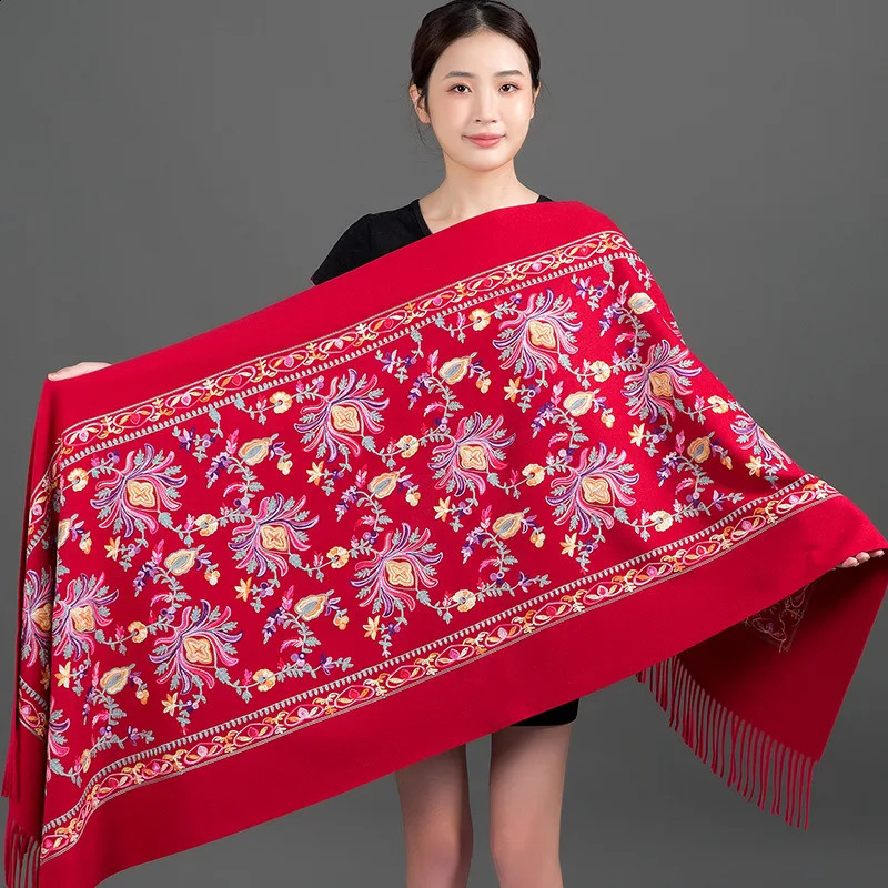 Embroidery Flower Cashmere Pashmina Women Thick Warm Winter Scarf Soft Tassel Shawls Lady Wraps Bandana Foulard Blanket Scarves 240909