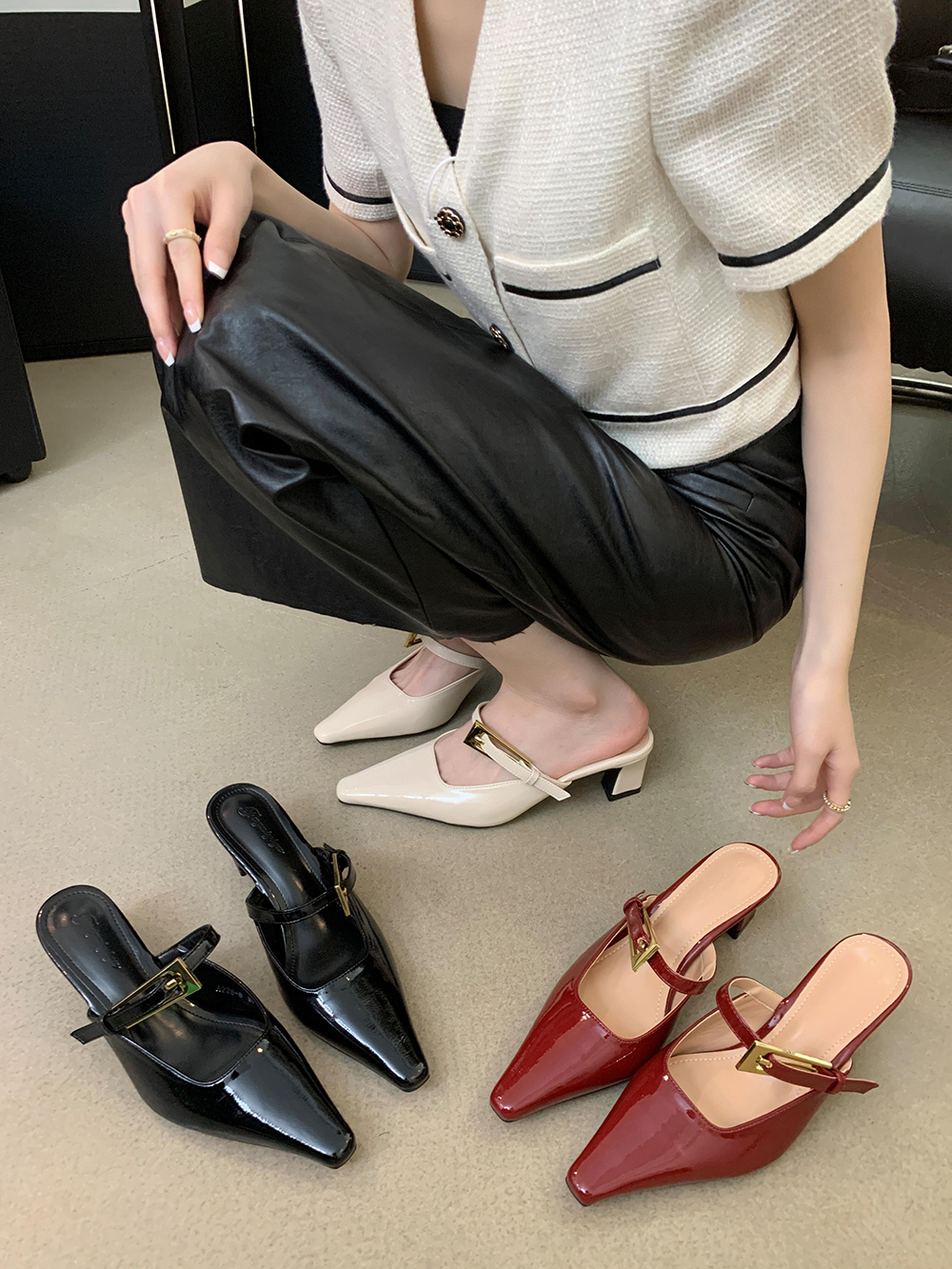 Patent Leather Women Slides Slippers Summer Outside Mules Shoes Thick High Heels Elegant Dress Shoes Woman Belt Buckle 35-39