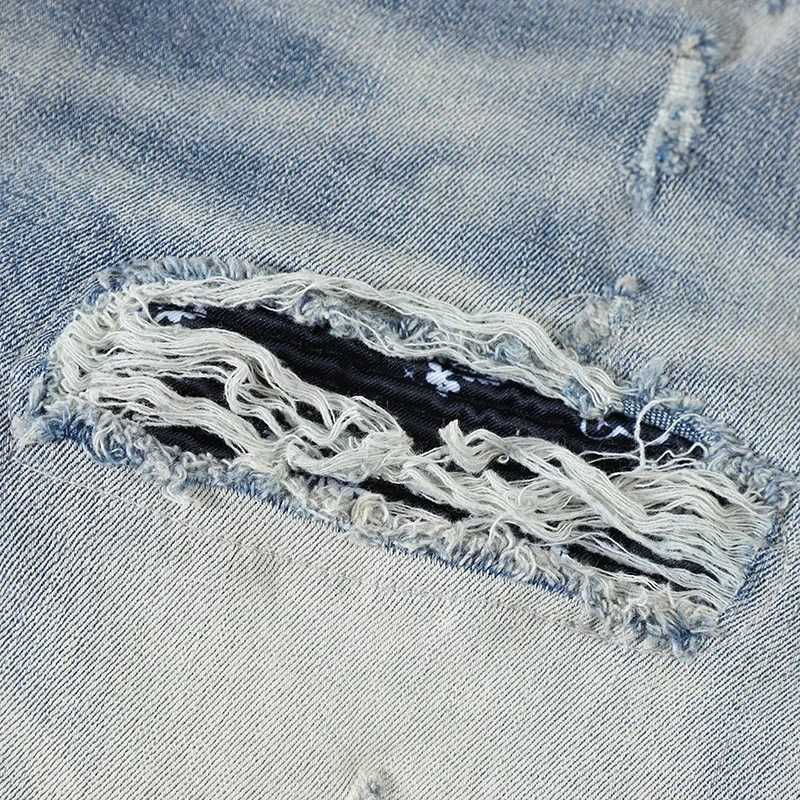 Fashionable mens jeans slim fit blue smooth silhouette pleated patches casual style jeans CL240912