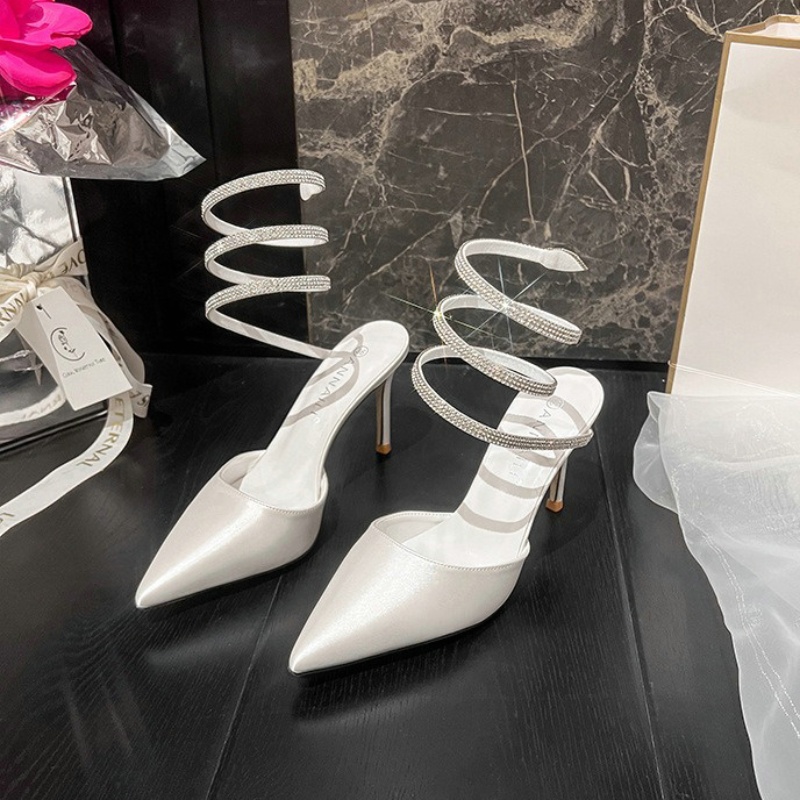 Roman 2024 Sexy Pointy Thin Heel Back New Empty Single Shoe Rhie Snake Wrapped High Heels Wedding Shoes c0d8 s