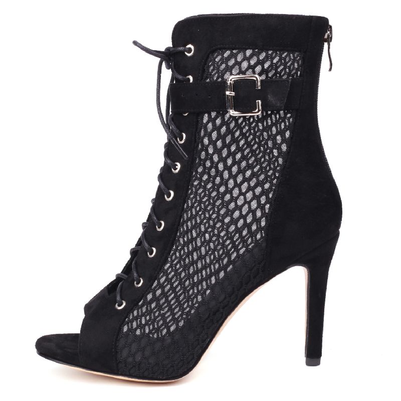 Ankle Summer Boots For Women Peep Toe Black Beige High Heels Pumps Large Size 45 ck Mesh Breathable Short Party Shoes Ladies ce52