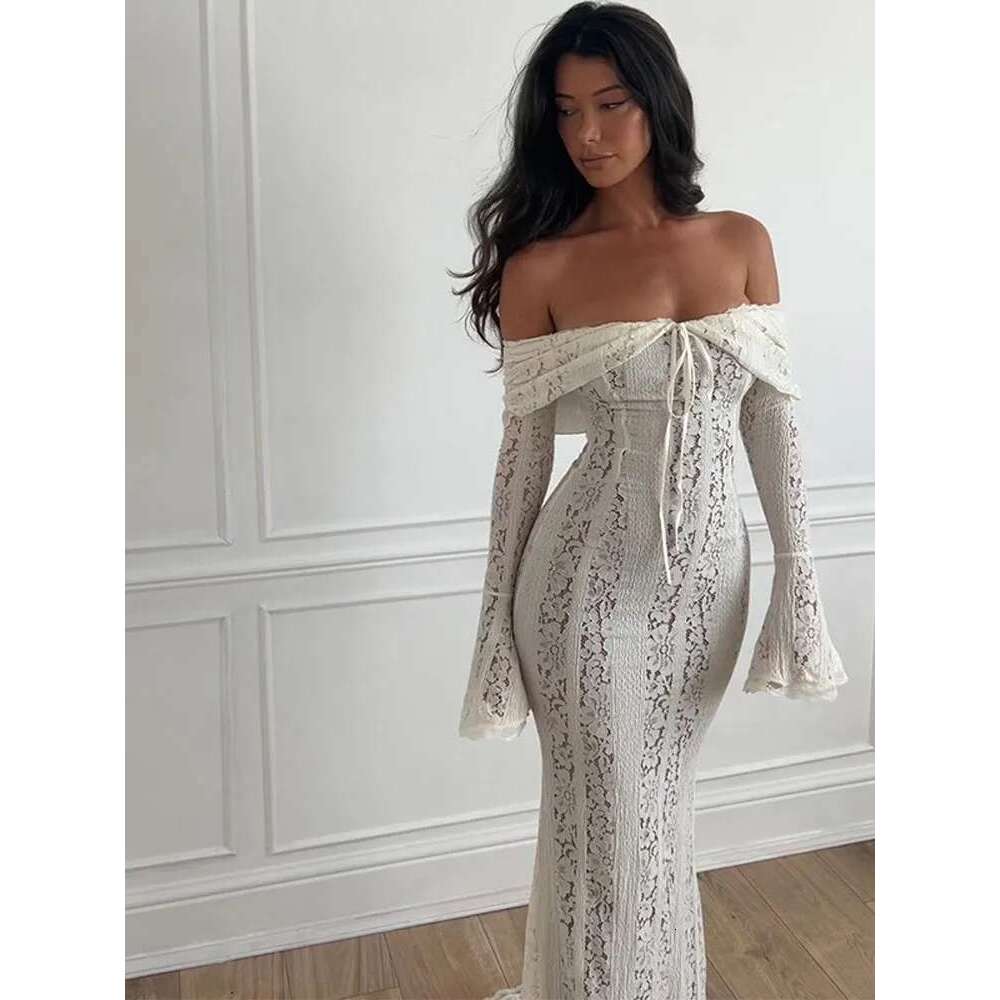 Elegant Off Shoulder Lace Up Hollow Out Maxi Dress Women Fashion Long Flare Sleeve Slim Dresses Female Evening Party Gowns