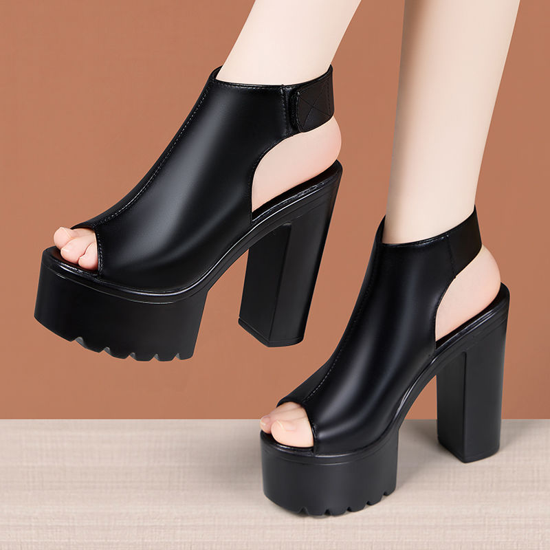 14cm Small Size 33-43 Sexy Open Head Block High Heels Sandals 2024 Summer Soft Leather Chunky Platform Shoes for Model Party