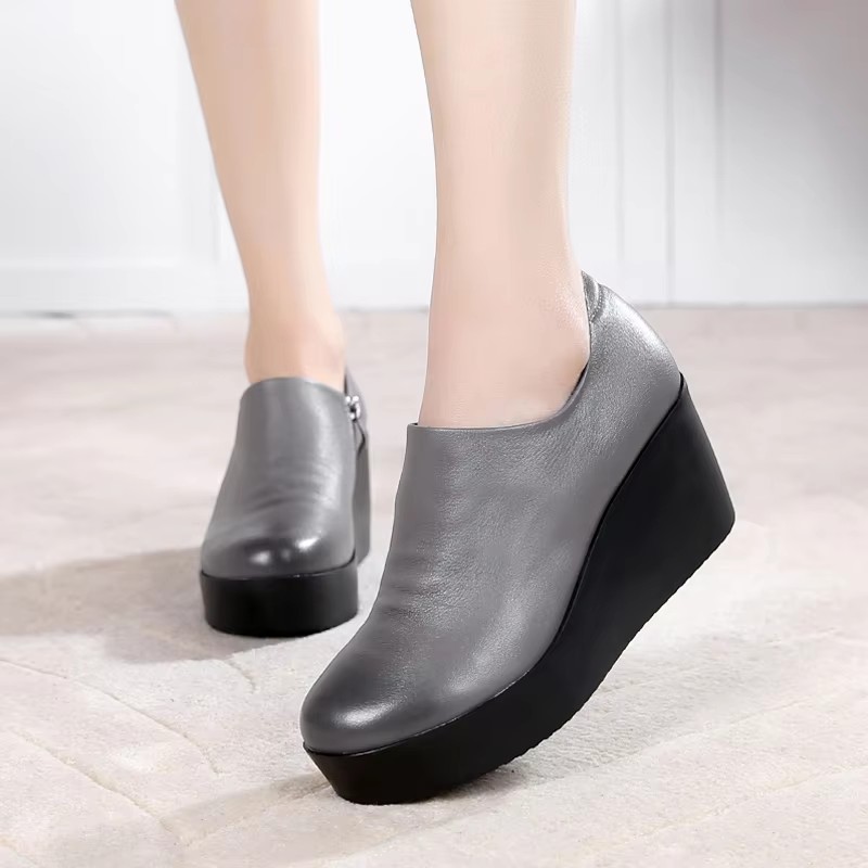 Genuine Leather Women Shoes Thick Soled Spring Autumn High-heeled Single Shoes Women New Platform Casual Slope Heel Shoes - view 3