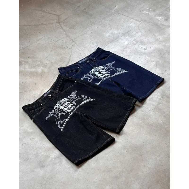 y2k letter printed black denim shorts hip-hop fashion retro trendy loose trousers Harajuku style skateboard street sportswearX240914