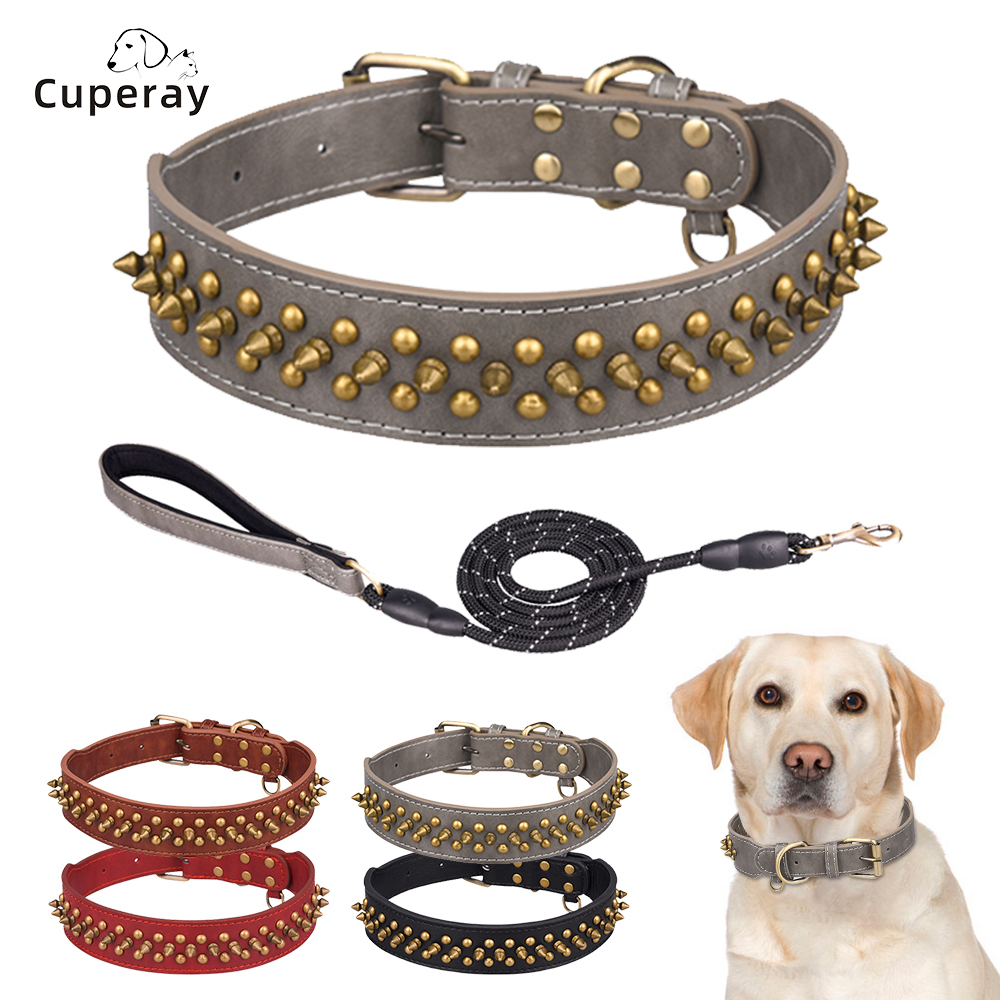 Spiked Studded Leather Dog Collar & Leash Matching Set for Medium & Large Dog Pitbull Husky Mastiff Terrier Bullet Rivet Leather