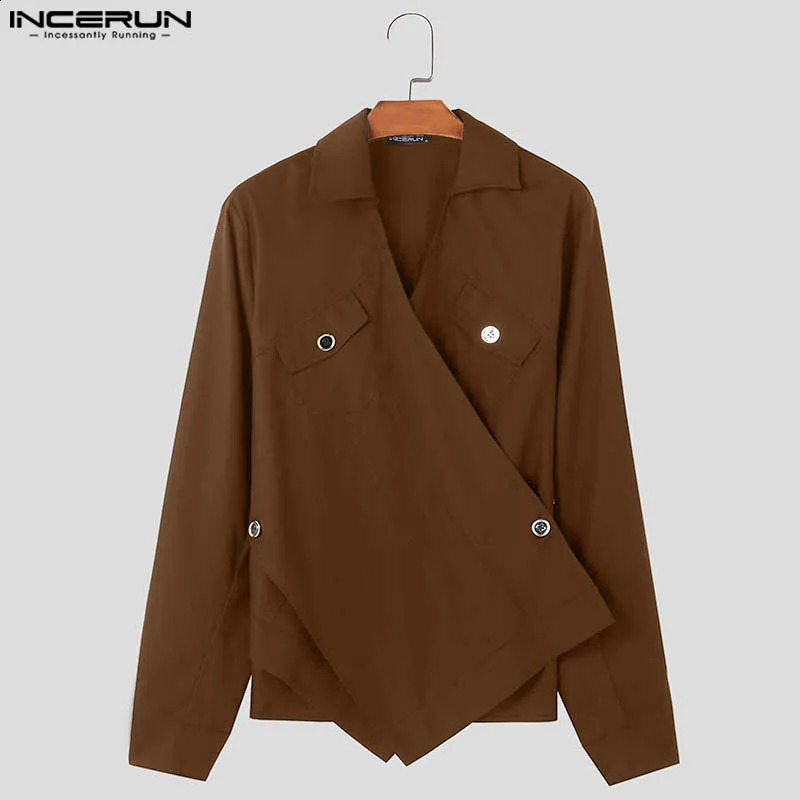 INCERUN Mens Irregular Jacket Solid Color Collar Long Sleeve Casual Coats Streetwear Autumn Fashion Jackets Outerwear 240904