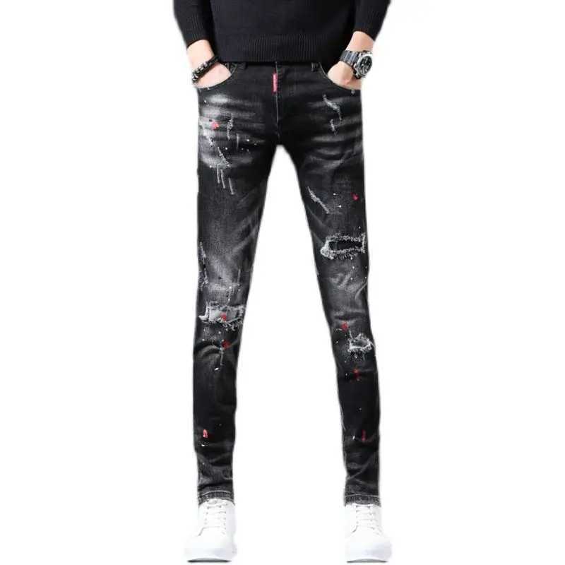 New spring autumn denim mens jeans ultra-thin painful tearing pants paint splatter design streetwear luxurious ultra-thin jeans CL240912