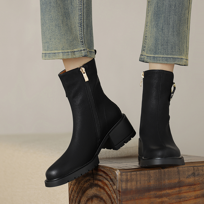 2024 Winter Genuine Leather Women Boots Round Toe Chunk Heel Platform Shoes Solid Chelsea Boots Casual Women Shoes Green Boots
