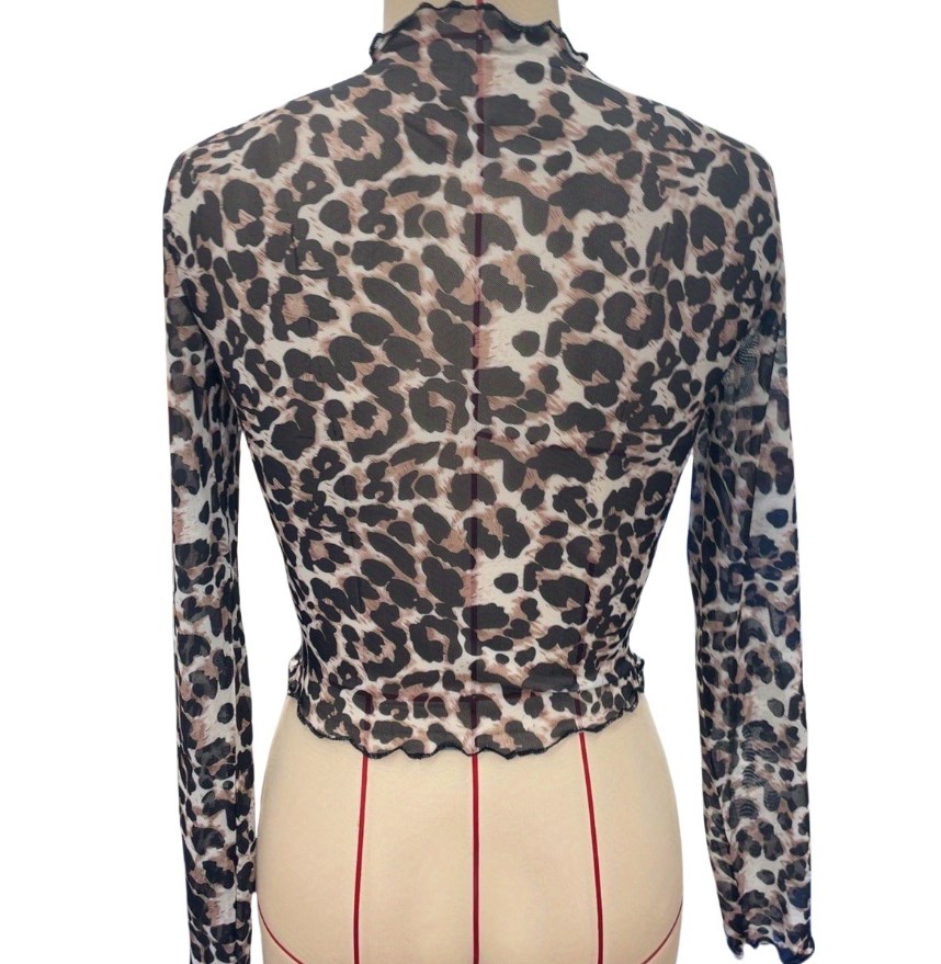 Women's T Shirts Elegant women's mesh leopard print stand up collar long sleeved short T-shirt top for women