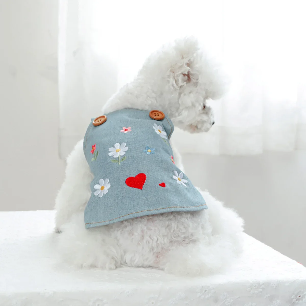 Pet Cowboy Embroidery Small Flower Strap Skirt Dog Cat Clothes Autumn/Winter New Flower Sweetheart Cowboy Skirt