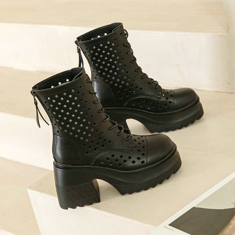 Comfortable Women's Hollow Out Fashion Genuine Leather Shoes For Women 2024 New Spring Breathable Ankle Boots b9f1