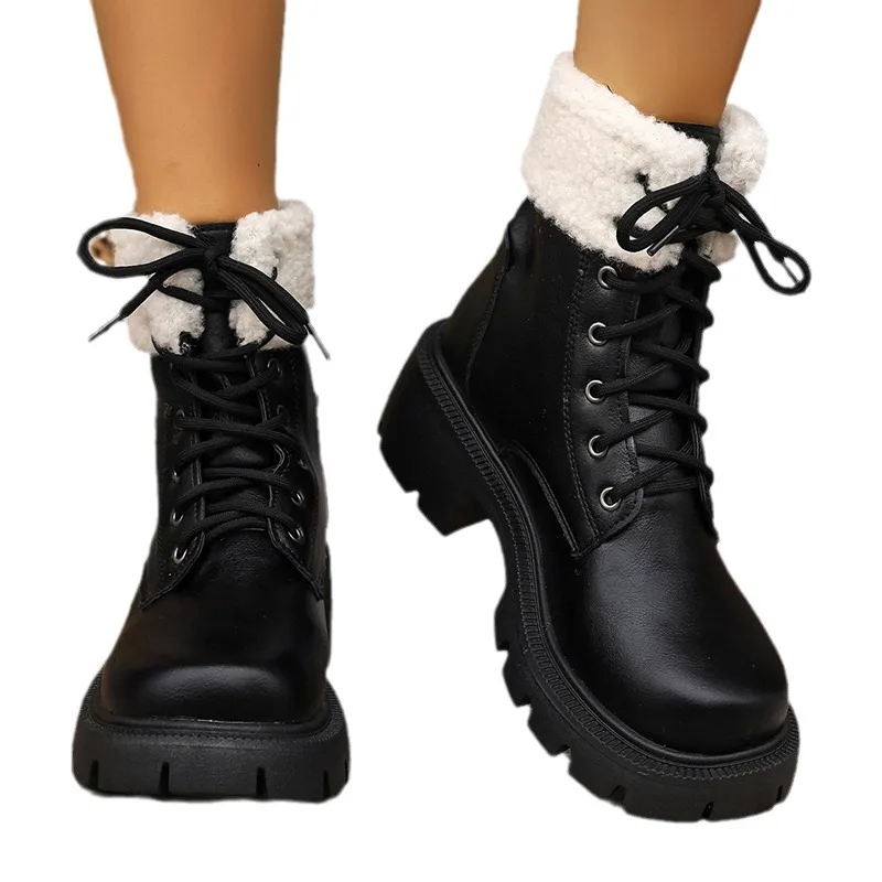 Thick Lace Up Ankle for Women Retro Non Slip Autumn Round Toe Boots Woman Platform Short Booties Botas De Mujer2025 5ee4