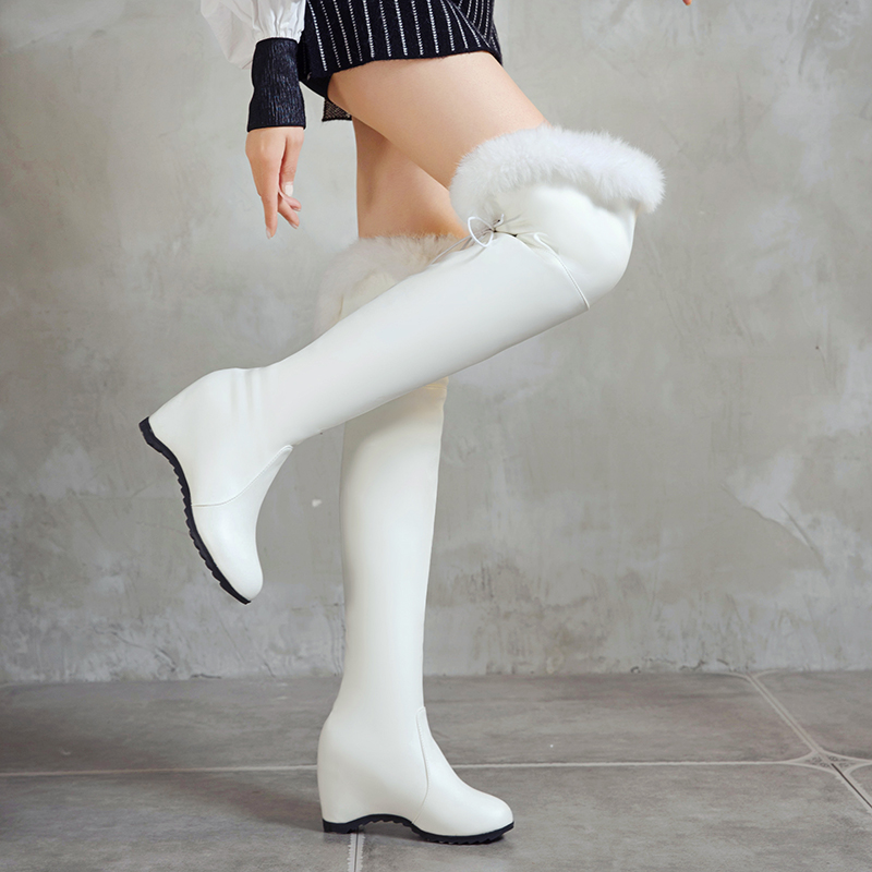 Winter 2023 Overknee High Boots Women Comfy Wedges Heels Warm Fur Snow Boot Female Fashion Black White Plush Shoes Girls 5a62