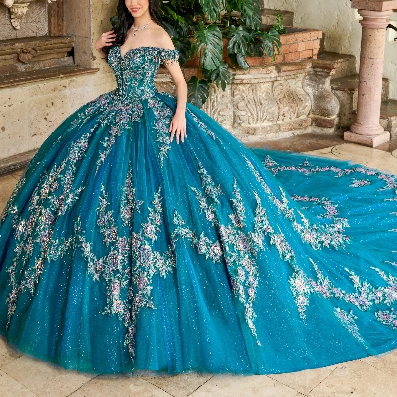 Sea Blue Princess Quinceanera Dresses Off Shoulder Lace Applique Beading Crystal Tull Corset Sweet 16 Dress Birthday Party Vestidos De 15 Anos