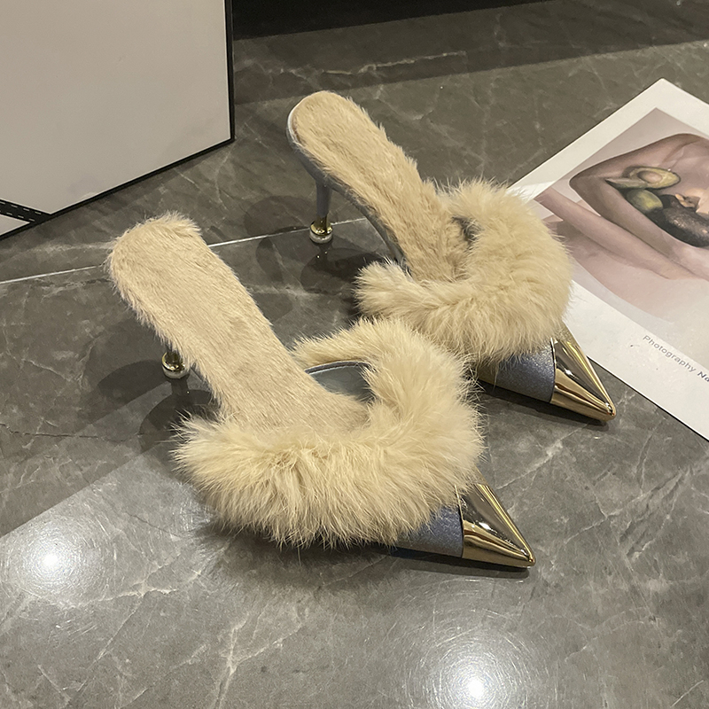 High Heel Shoes Fur Slippers Women Mules Pointed Toe Furry Slides Fashion Elegant Designer Flip ps Office Pumps 0f4a