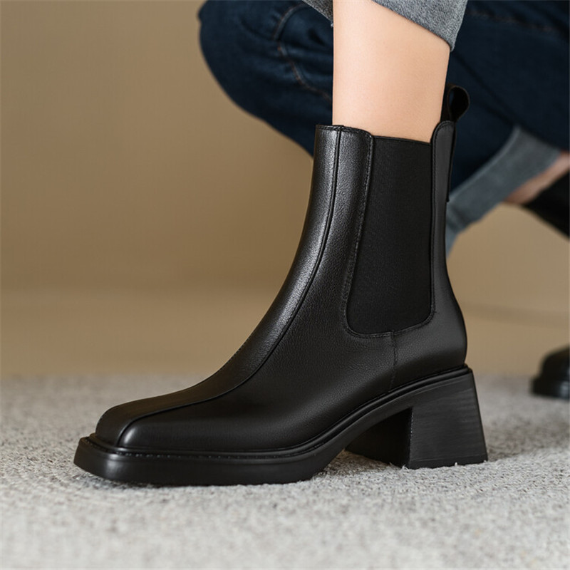 New Autumn Winter Genuine Leather Boot Fashion Square Toe Chunky Boots for Women High Heels atos Mujer