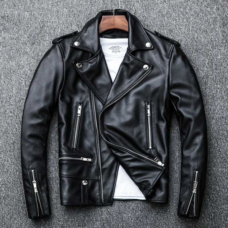 Spring Classical Perfecto Jacket Genuine Leather Motorcycle Jackets Men New Zealand Sheepskin Men Black Coat Slim SuitX240913