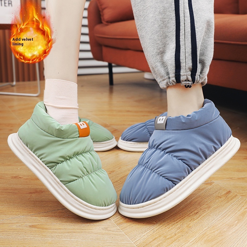 Mid top down cloth covered couples in winter, with plush candy colored cotton shoes for outer wear, warm and casual snow boots