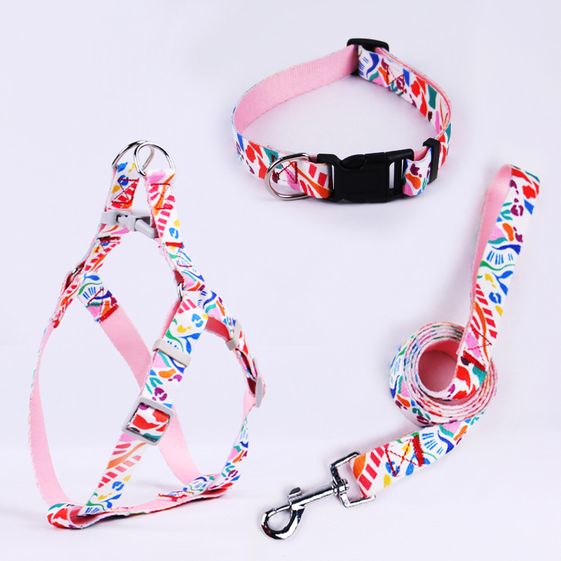Pet Harness & Leash,collar Three Sets,adjustable Dog Harness Leashes with Exquisite Print for Dog Outdoor Training & Dog Walking
