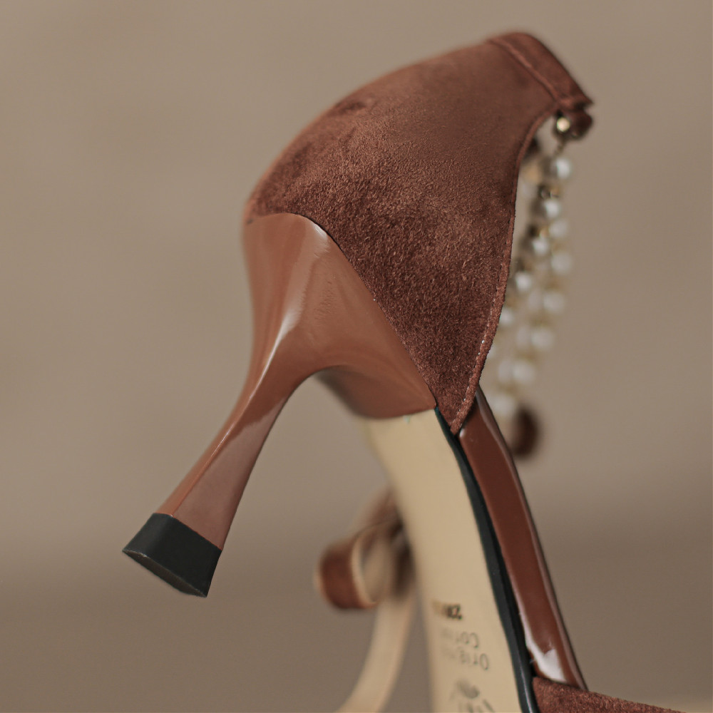 women's danxuefei natural suede leather thin high heel pointed toe ankle strap pumps elegant New ladies beading bowtie summer shoes fe54
