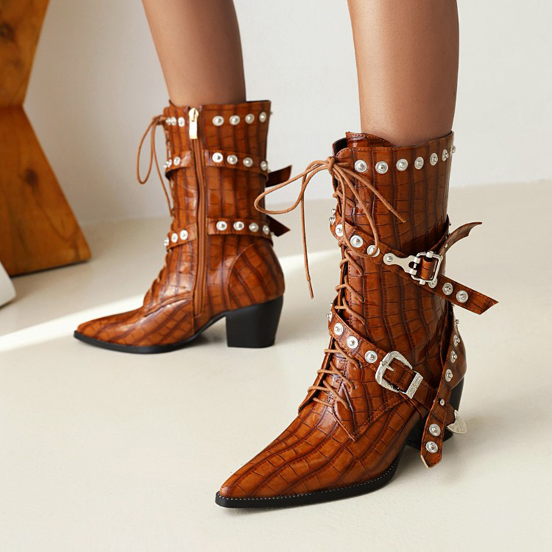 2022 Winter Rivet Veet ing Short Large 46 Vintage Knight Women's Ankle Boots 6cm Thick Heel Rock Club Female Shoes