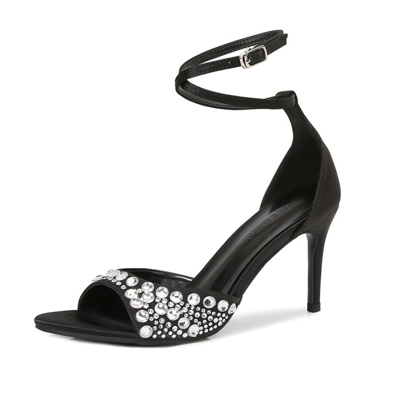 2025 new Summer New High Heels Stiletto Rhie Hollow Satin Black Female Sandals fcc0