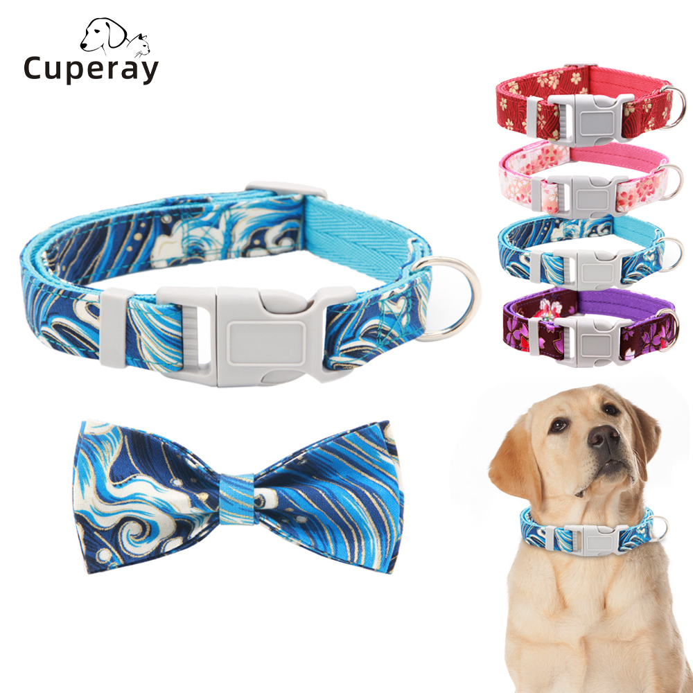 Pet Collar Adjustable Dog Collar Floral Pattern with Bow Decoration D Ring Can Hang Small Items for Small, Medium and Large Dogs