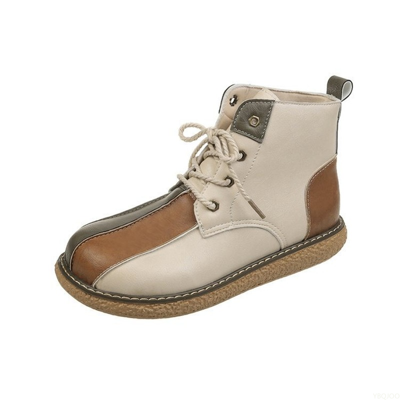 Women Ankle New 2022 Retro Leather Splicing Women's Shoes Vintage Autumn Lace Up Casual Flat Short Boots Botas De Mujer