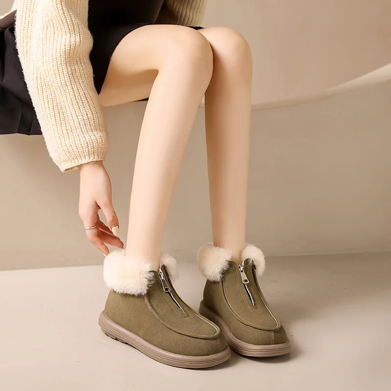 Women's Furry Cuffed Snow Boots Winter Thick Sole Suede Women's Shoes Cotton Plush Warm Short Botines Front Zipper Brown Botas