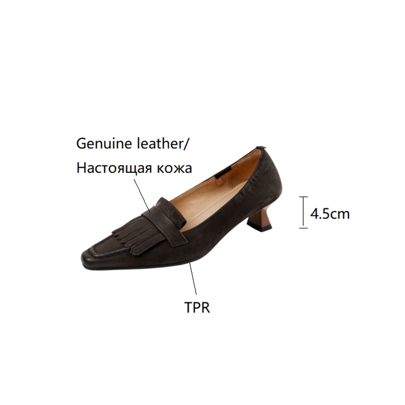 Spring 2023 Square Toe Thin Heel Pumps Genuine Leather for Women Casual Retro Tassels Handemade Shoes ae76