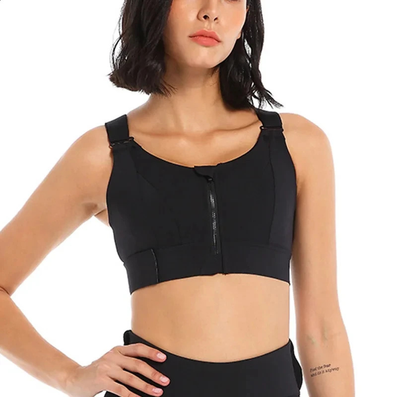 Womens sports yoga vest with front zipper large adjustable shoulder straps shockproof fitness bra top of the line underwear 240914