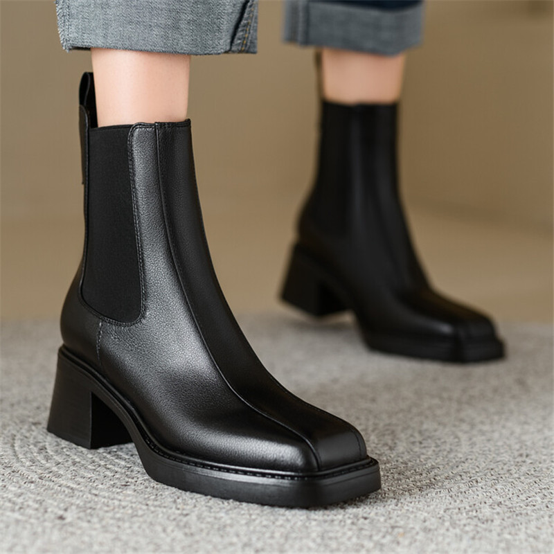 New Autumn Winter Genuine Leather Boot Fashion Square Toe Chunky Boots for Women High Heels atos Mujer