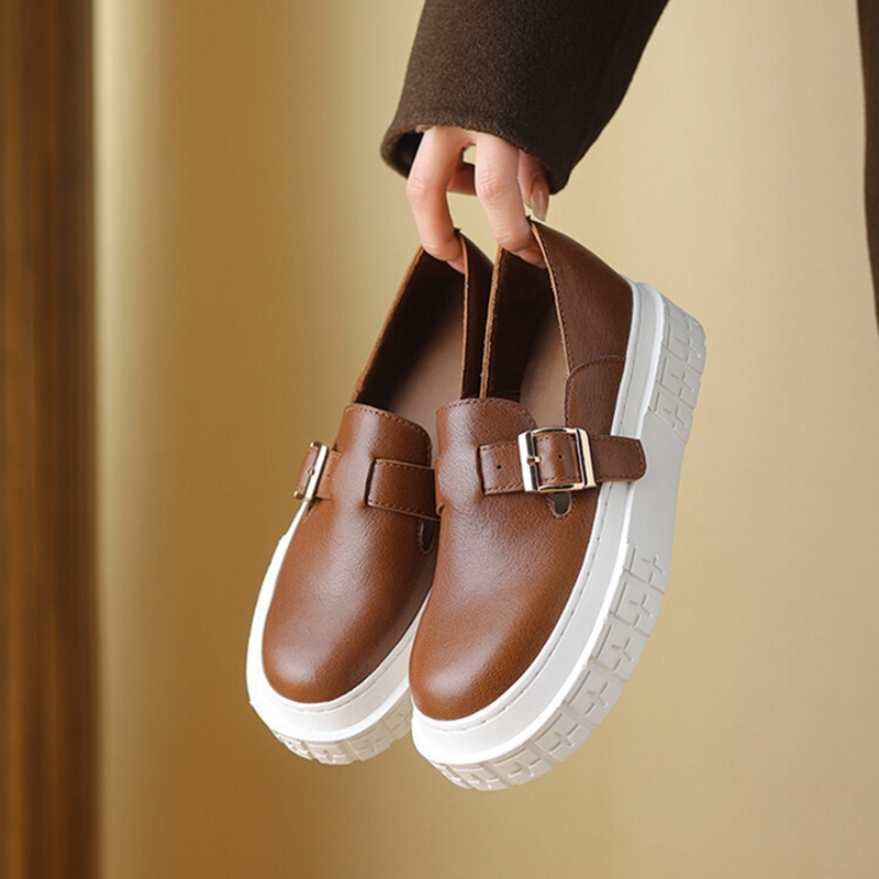 Spring NEW Loafers New Genuine Leather for Round Toe Chunky Heel Women Pumps Slip-on Buckle Platform Shoes 1804 Platm
