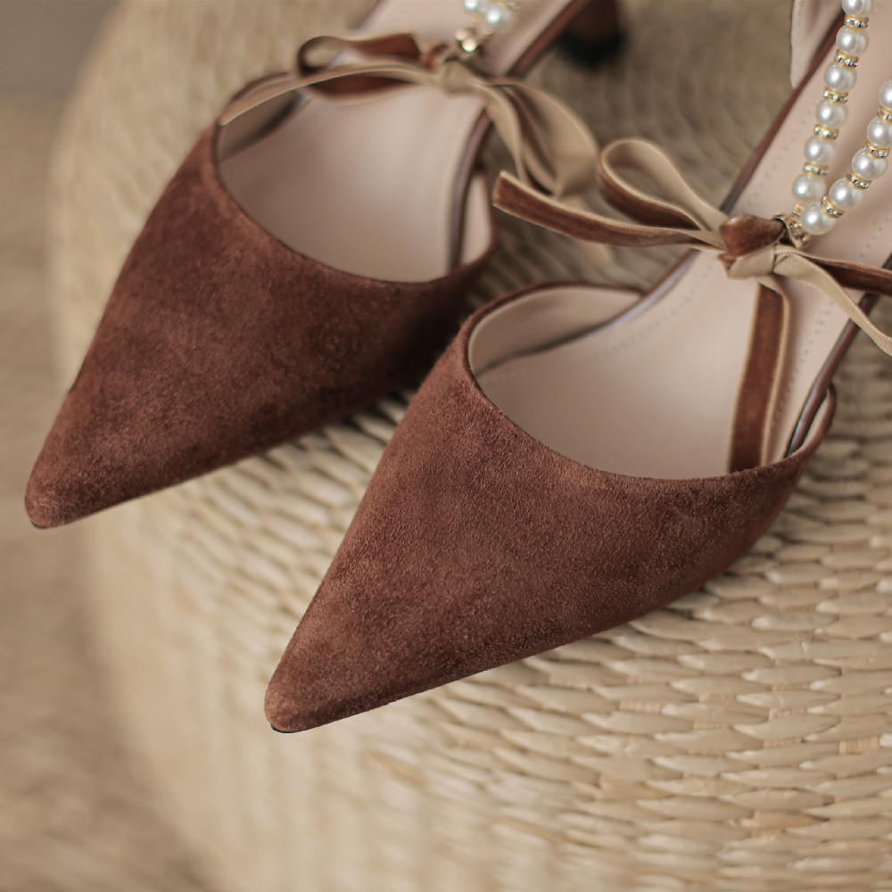 women's danxuefei natural suede leather thin high heel pointed toe ankle strap pumps elegant New ladies beading bowtie summer shoes fe54