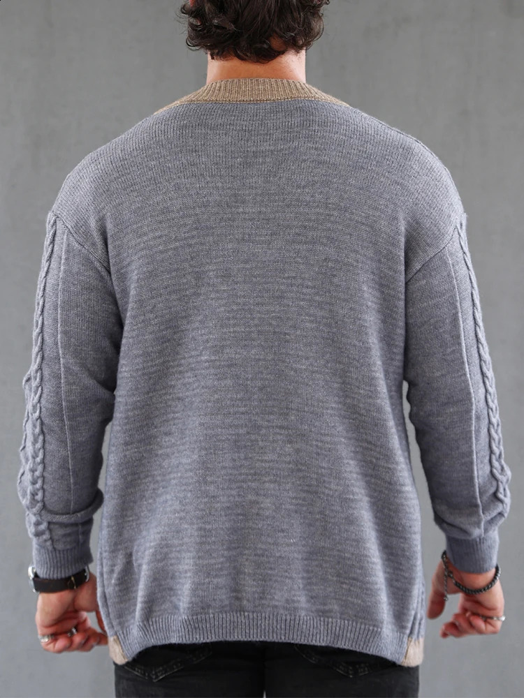 Retro patch work twisted jacquard knitted cardigan sweater mens classic Vneck button jacket casual 240906