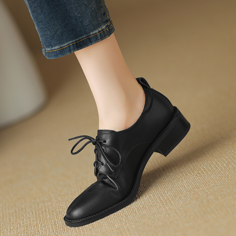 2024 New Spring Genuine Leather Round Toe Pumps for Women Low Heel Loafers Ladies Shoes Retro block 7603